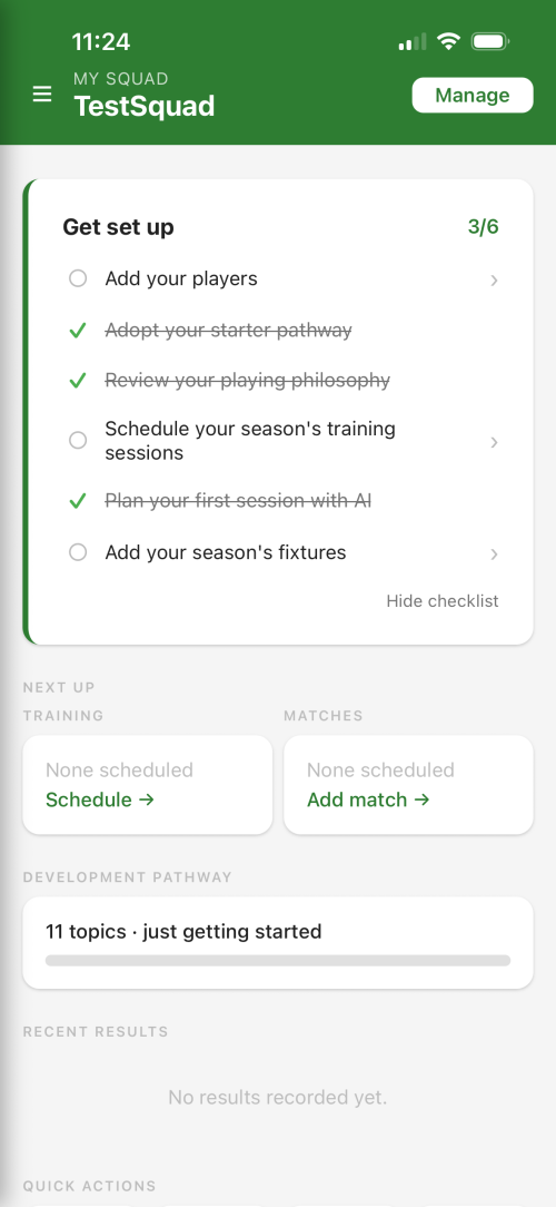 The coach dashboard with the guided setup checklist