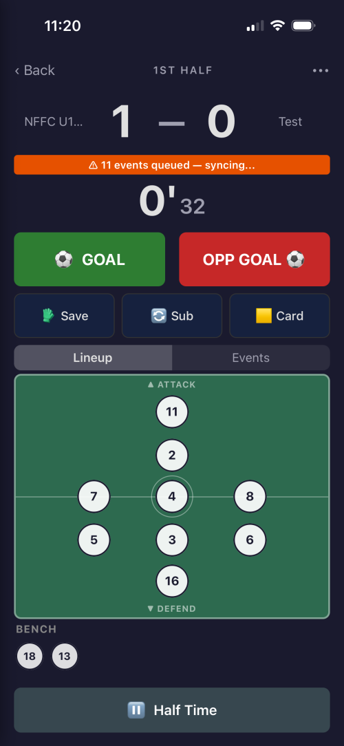 Live match recording with events synced to the match clock