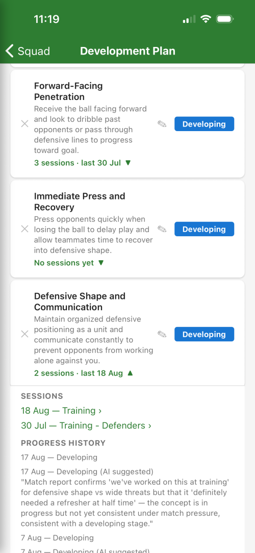 A squad development pathway with topics progressing through stages