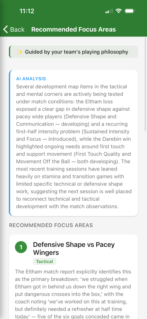 Recommended focus areas screen analysing recent matches and training