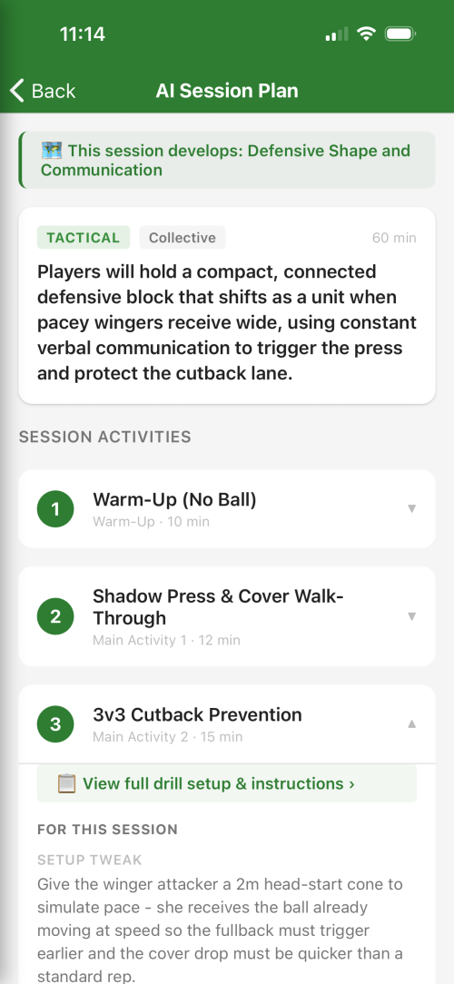 An AI-built session plan showing the session objective, timed activities and coaching tweaks